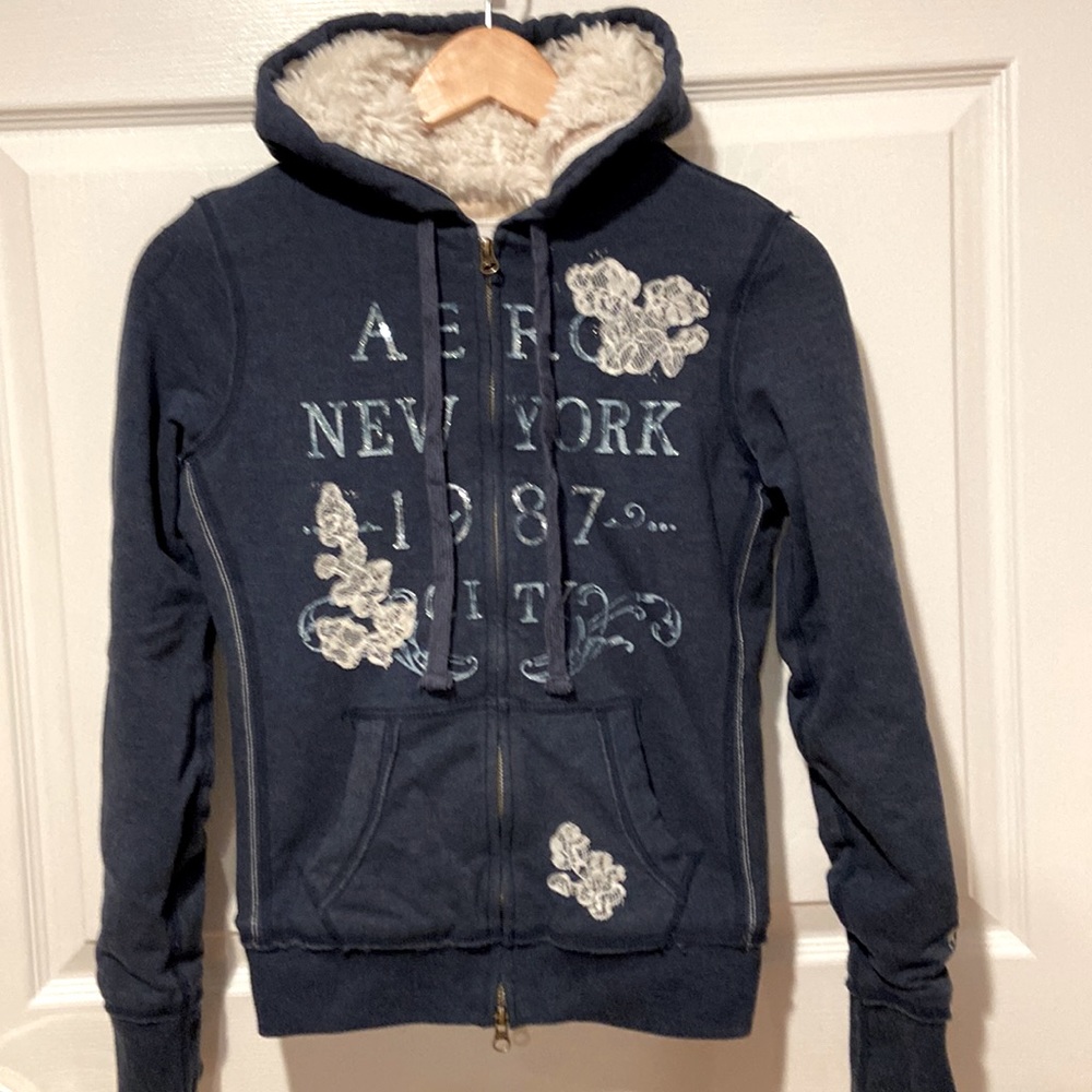 Aeropostale girls navy blue zippered hooded sweatshirt jacket